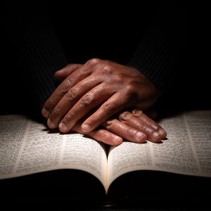 Folded hands on Bible